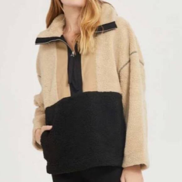 Something Navy Tan Nuetral Oversized Half Zip Sherpa Jacket XXS - Picture 1 of 5
